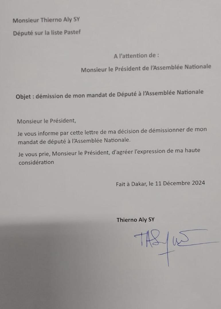 Le député Thierno Aly Sy (PASTEF) démissionne